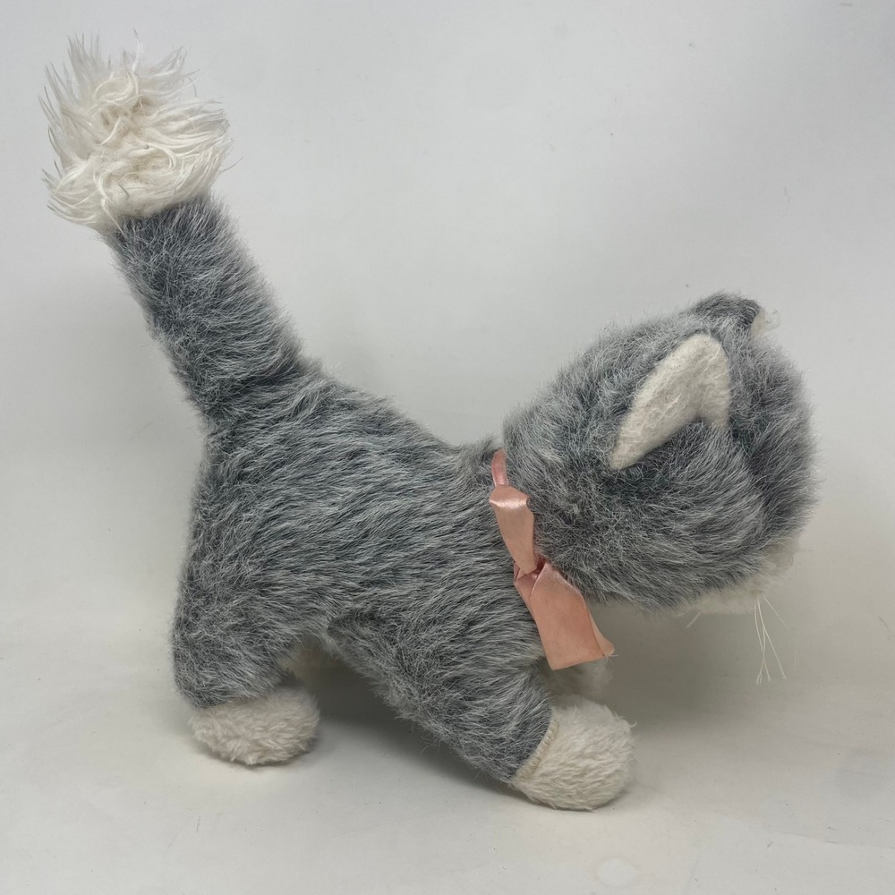 Vintage Grey White Plush Kitten Stuffed Animal Pink Ribbon Green Eyes Standing